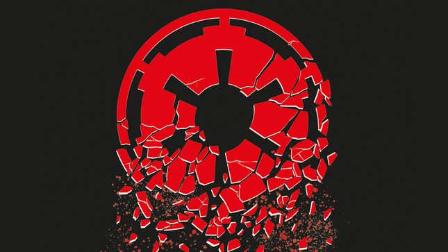 The Star Wars Galactic Empire logo on the cover of Star Wars: The Rise and Fall of an Empire.